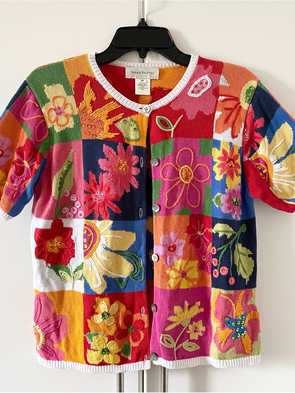 Vintage Susan Bristol Patchwork Colour block Embroidered Floral Cardigan